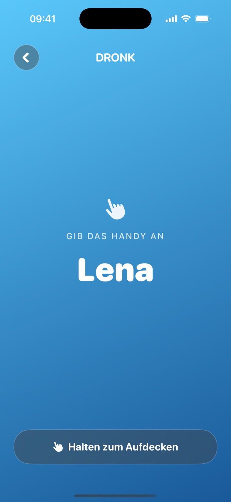 Weitergeben-Bildschirm in Der Spion auf blauem Verlauf: Pass the phone to Olivia, mit einem Hold-to-reveal-Button und noch verdeckter Karte