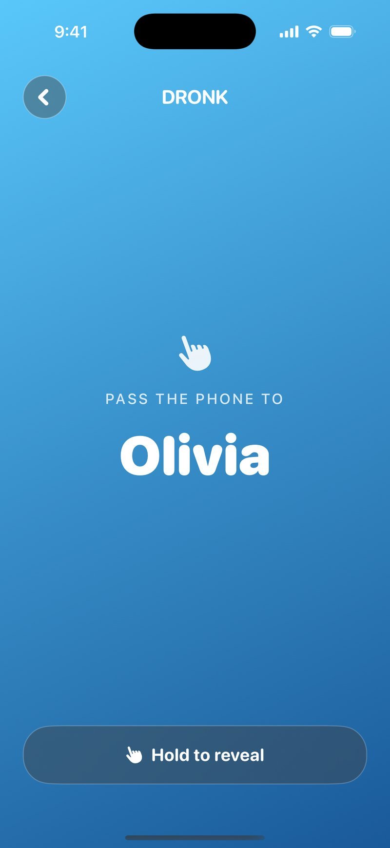 파란 그라데이션 위의 더 스파이 폰 넘기기 화면: Pass the phone to Olivia 문구, Hold to reveal 버튼, 아직 가려진 카드