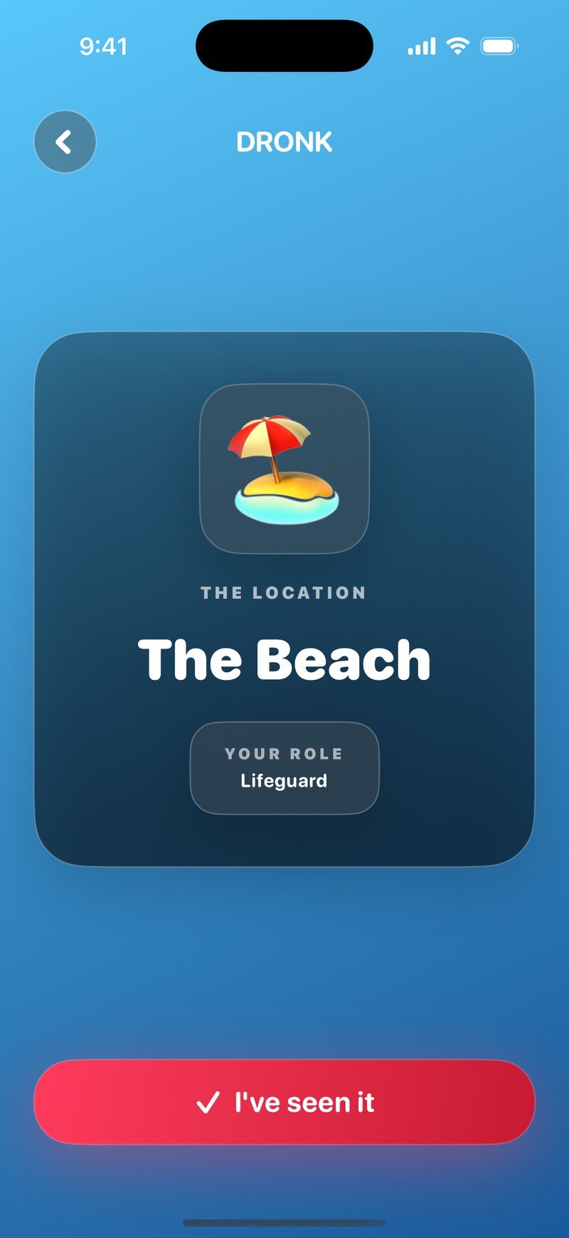 더 스파이의 요원 카드: 게임의 파란 배경 위에 The Location, The Beach, Your Role, Lifeguard