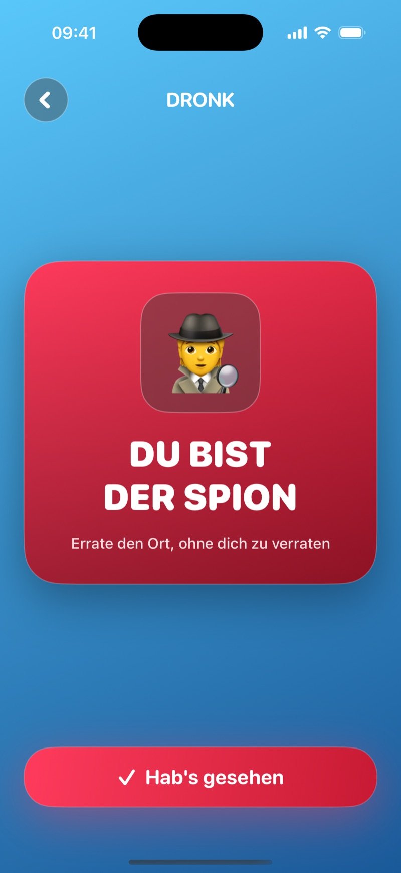 Spionkarte in Der Spion: rote Karte mit You are the spy, guess the location without giving yourself away