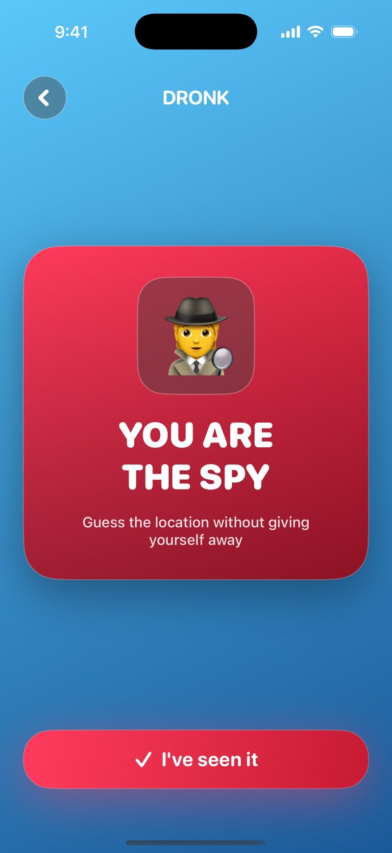 더 스파이의 스파이 카드: You are the spy, guess the location without giving yourself away라고 적힌 빨간 카드