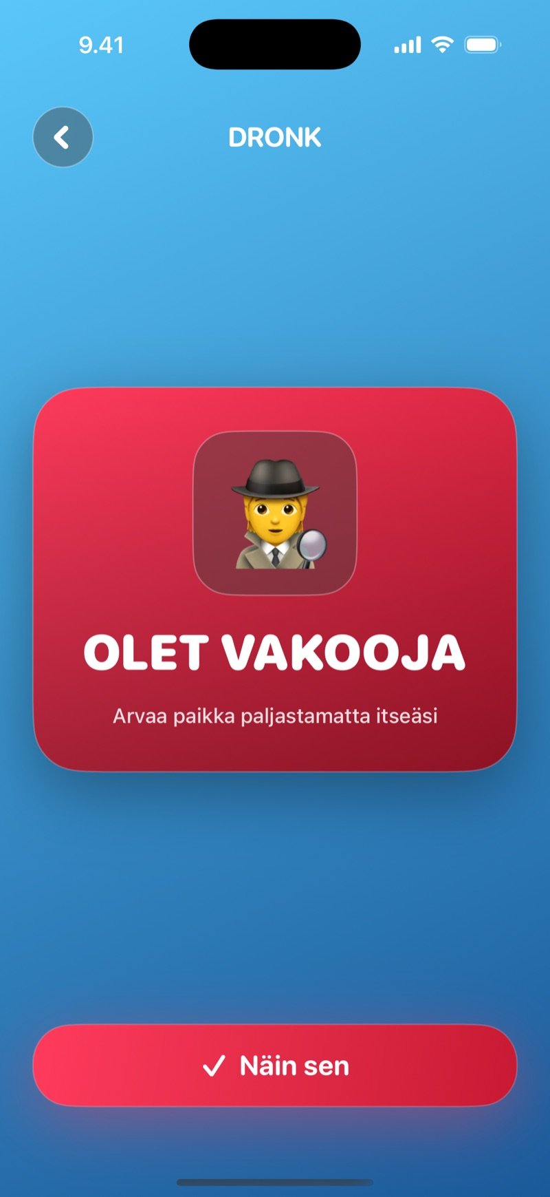Vakoojan kortti Vakoojassa: punainen kortti, jossa lukee Olet vakooja, arvaa paikka paljastamatta itseäsi