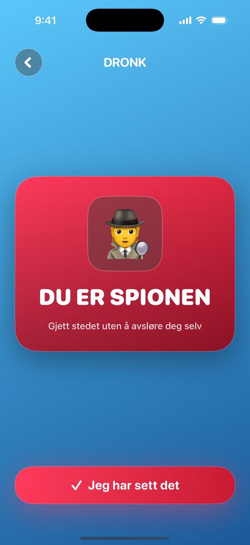 Spionkortet i Spionen: rødt kort med detektiv-ikon, teksten DU ER SPIONEN og under den Gjett stedet uten å avsløre deg selv