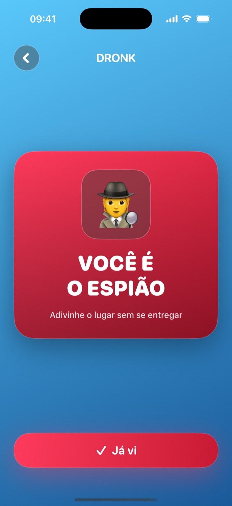 Carta de espião no Espião: carta vermelha com o texto You are the spy, guess the location without giving yourself away (captura da versão em inglês)