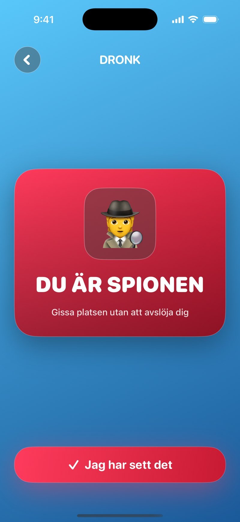 Spionkortet i Spionen: rött kort med detektivikon och texten Du är spionen, gissa platsen utan att avslöja dig
