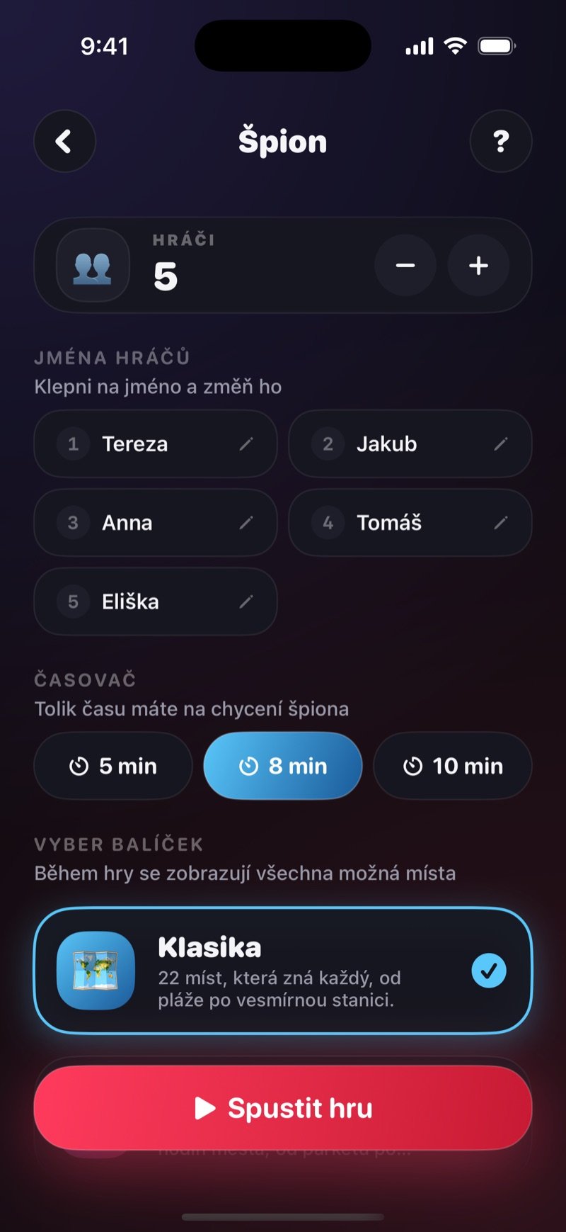 Nastavení hry Špion v Dronku: hráči, časovač 5, 8 nebo 10 minut, balíček míst a tlačítko Spustit hru