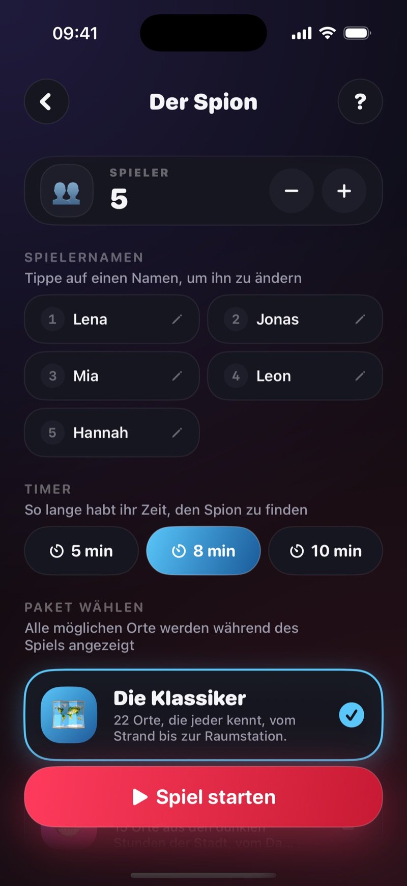 Setup-Bildschirm von Der Spion in Dronk: 5 Spieler namens Olivia, Jake, Mia, Tyler und Sophie, Timer-Optionen 5, 8 und 10 Min. mit 8 ausgewählt, das Paket The Classics ausgewählt und ein Start-Game-Button