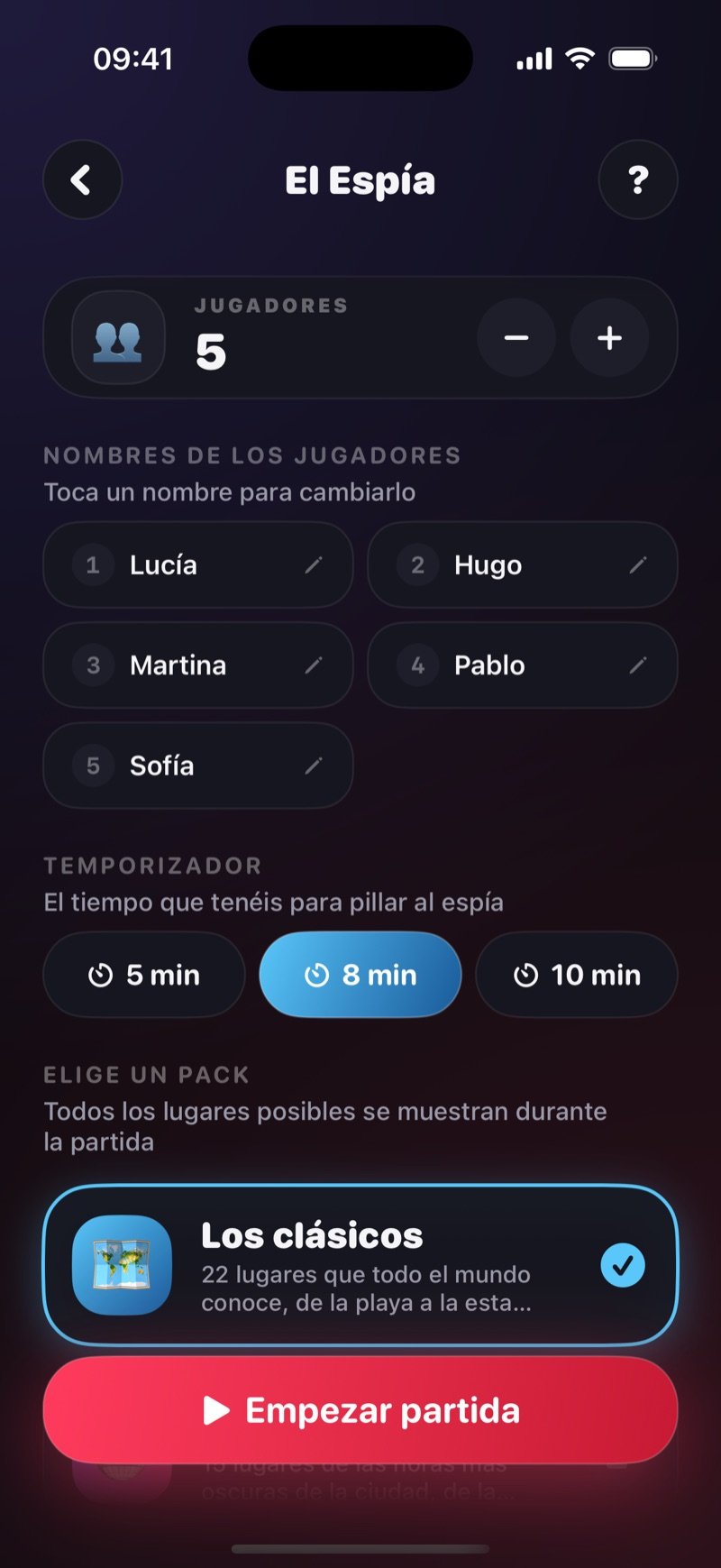 La pantalla de configuración de El Espía en Dronk: 5 jugadores llamados Olivia, Jake, Mia, Tyler y Sophie, opciones de temporizador de 5, 8 y 10 min con 8 seleccionado, el paquete The Classics seleccionado y un botón Start Game (captura de la versión en inglés)
