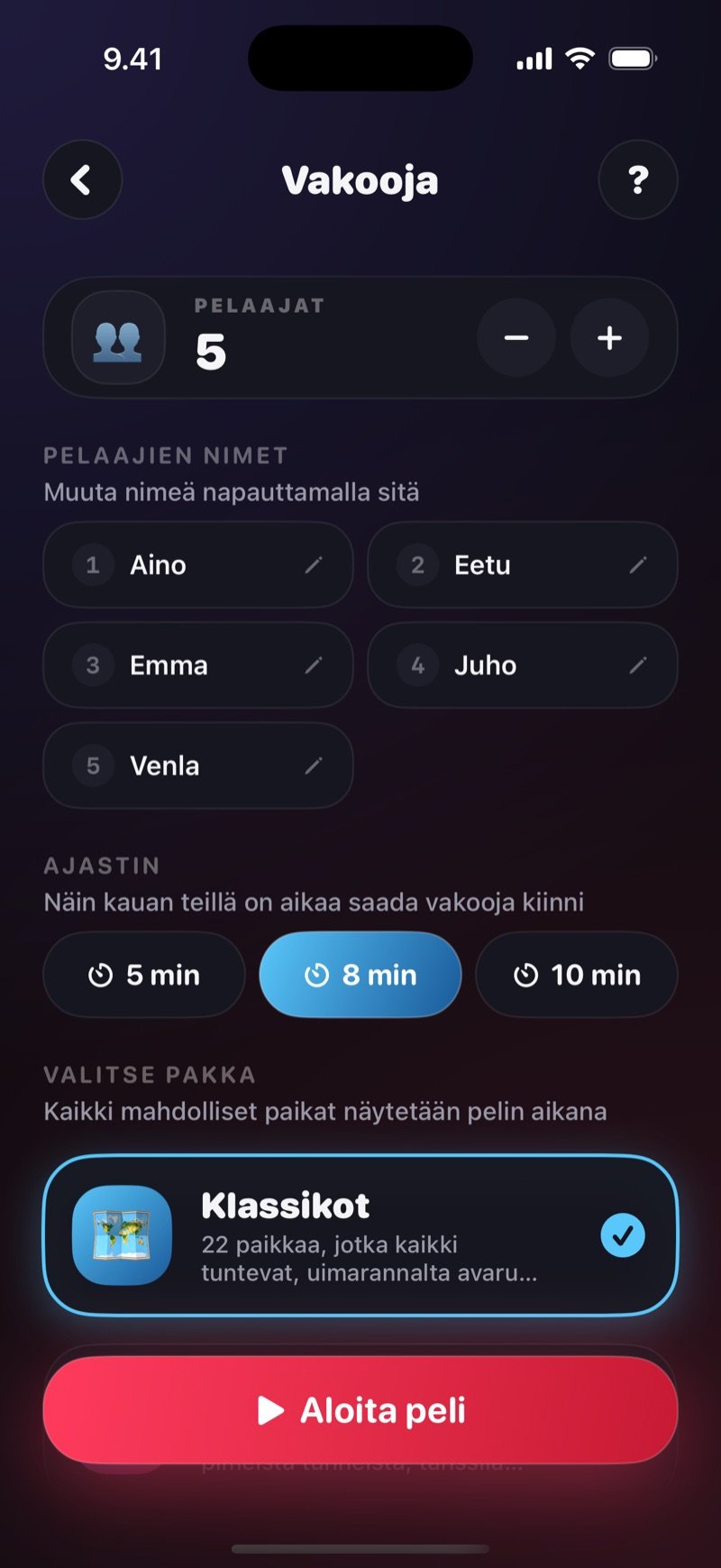 Vakooja-pelin asetukset Dronkissa: pelaajat ja nimet, ajastimen vaihtoehdot 5, 8 ja 10 min, paikkapakan valinta ja Aloita peli -painike