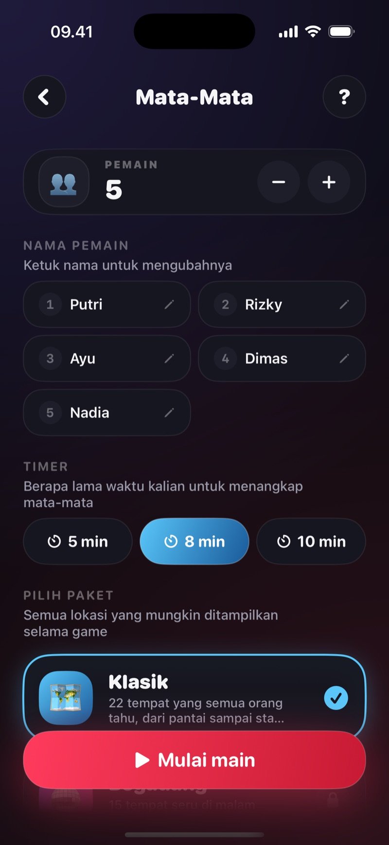 Layar setup Mata-Mata di Dronk: lima pemain dengan nama, pilihan timer 5, 8, dan 10 menit, paket Klasik terpilih, dan tombol Mulai main