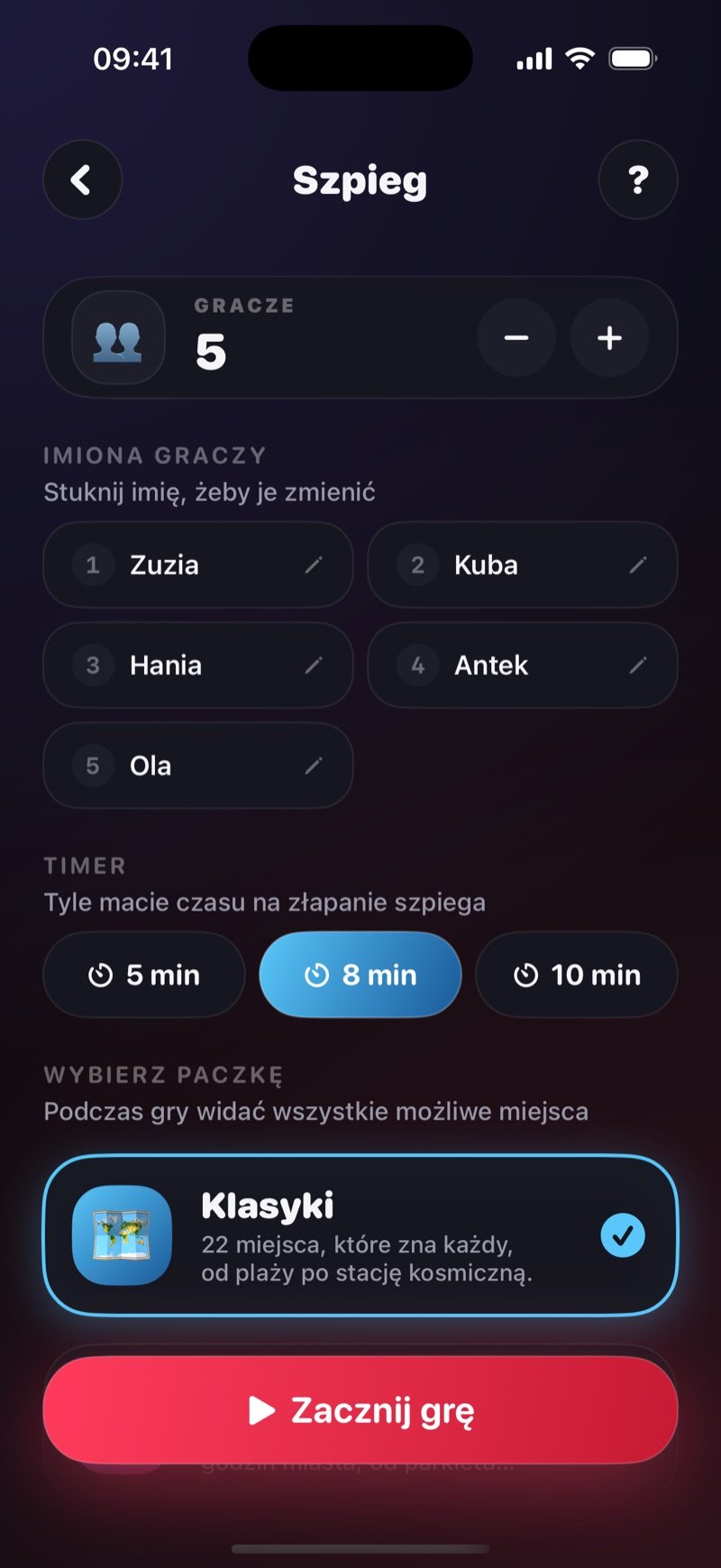 Ekran ustawień Szpiega w Dronk: 5 graczy o imionach Olivia, Jake, Mia, Tyler i Sophie, opcje timera 5, 8 i 10 min z wybranymi 8, wybrana paczka The Classics i przycisk Start Game (zrzut z wersji angielskiej)