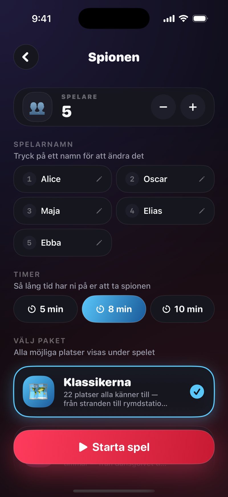 Spionen i Dronk: fem spelare, timern satt på 8 minuter och paketet Klassikerna valt