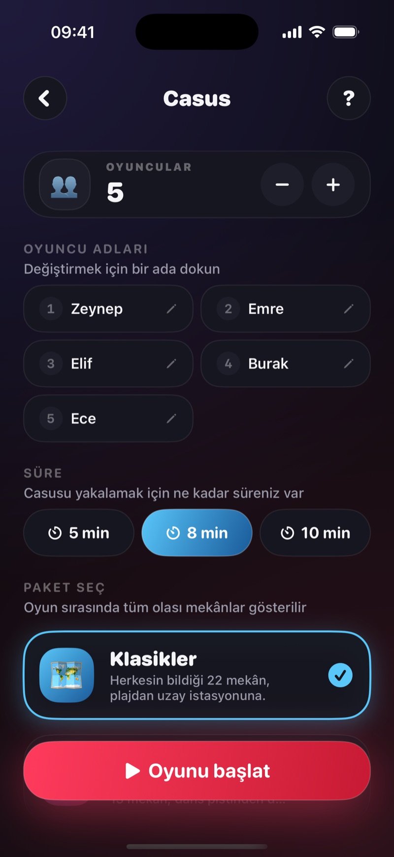 Dronk'ta Casus kurulum ekranı: oyuncular, 5, 8 veya 10 dakikalık süre seçeneği, mekân paketi ve Oyunu başlat düğmesi