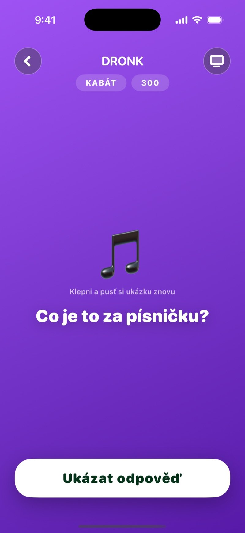 Otevřené políčko na Tabuli: štítky s interpretem a hodnotou, velká ikona noty s textem Klepni a pusť si ukázku znovu, otázka Co je to za písničku? a tlačítko Ukázat odpověď