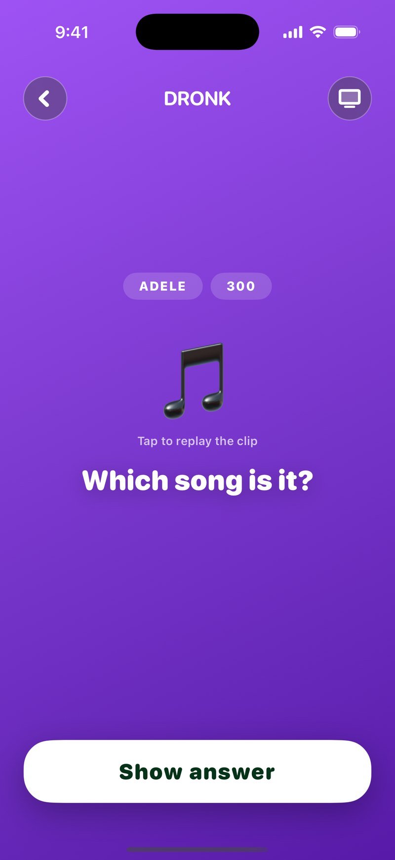 Ein geöffnetes Feld in The Board: die Chips Adele und 300, ein großes Noten-Symbol mit Tap to replay the clip, die Frage Which song is it? und ein Button Show answer