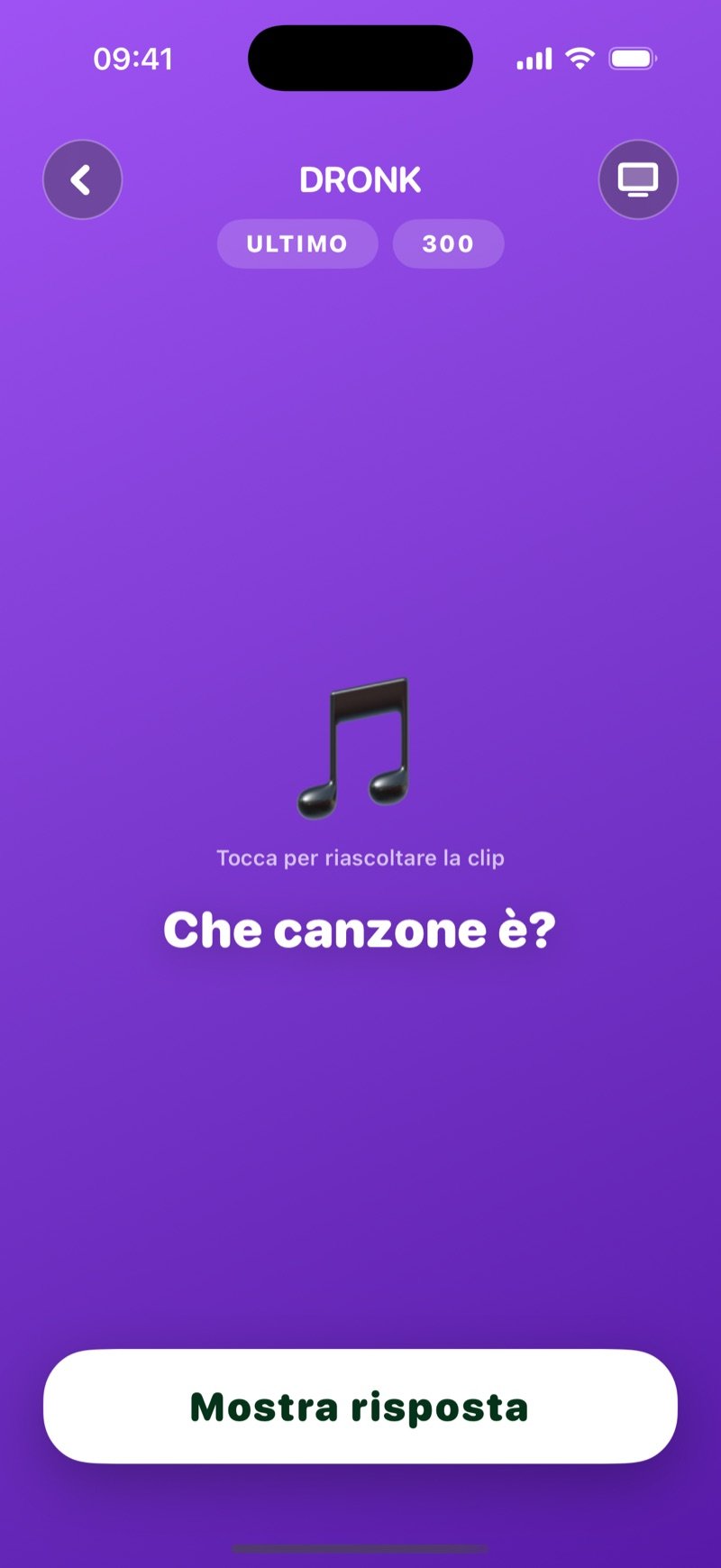 Una casella aperta nella Lavagna: le etichette Adele e 300, una grande nota con Tap to replay the clip, la domanda Which song is it? e un pulsante Show answer (screenshot della versione inglese)