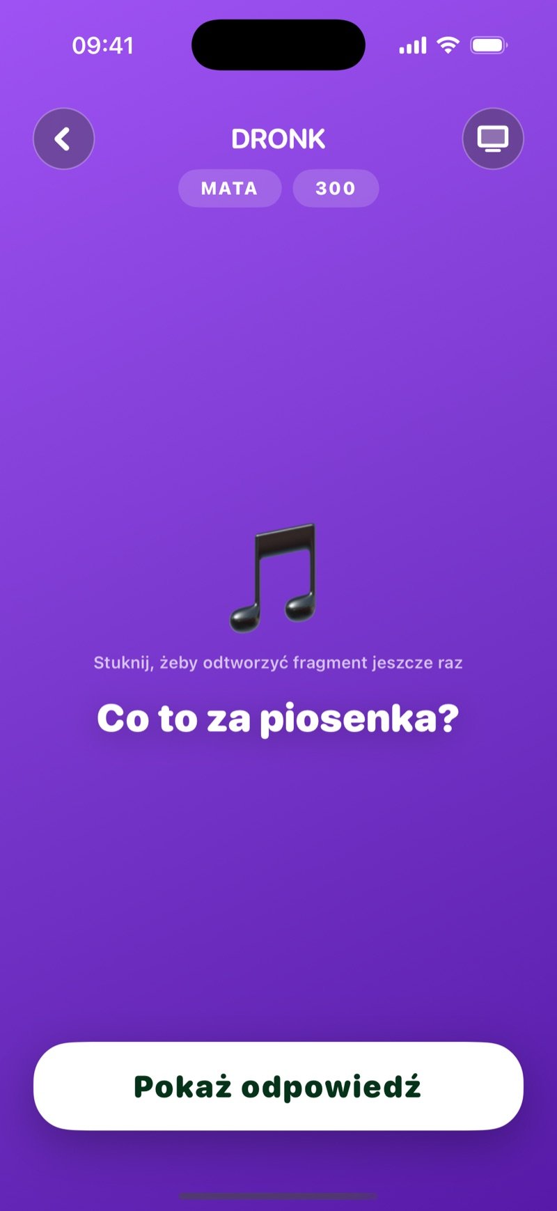 Otwarte pole w Tablicy: plakietki Adele i 300, duża ikona nutki z Tap to replay the clip, pytanie Which song is it? i przycisk Show answer (zrzut z wersji angielskiej)