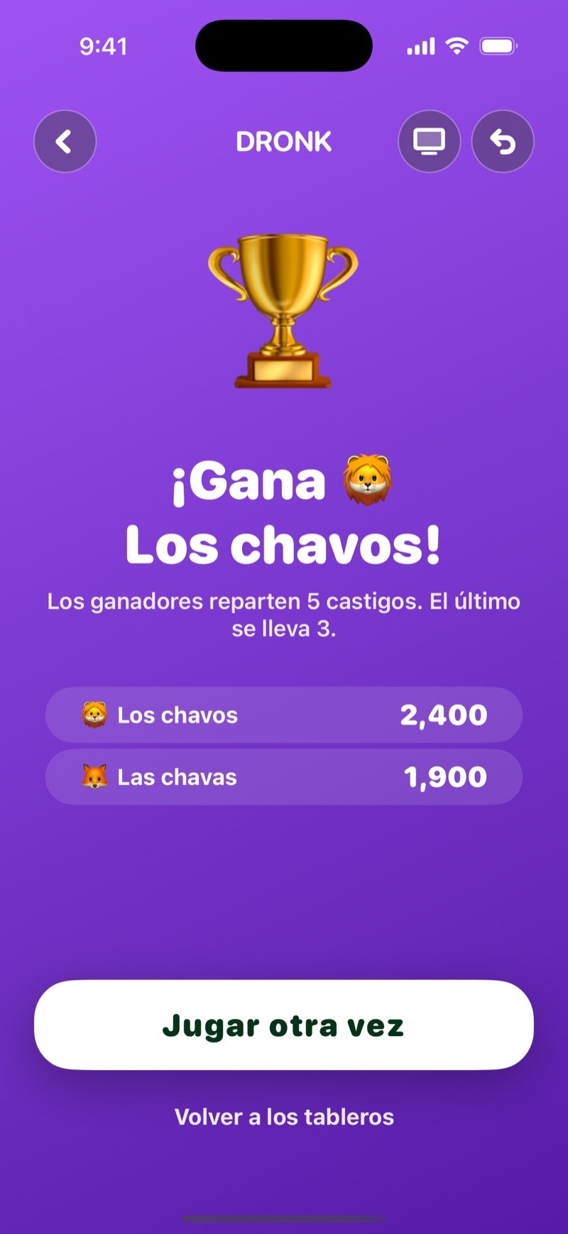 Resultado final de El Tablero: un trofeo, el equipo ganador, el texto de que los ganadores reparten 5 castigos y el último lugar se lleva 3, los puntos de cada equipo y el botón para jugar otra vez