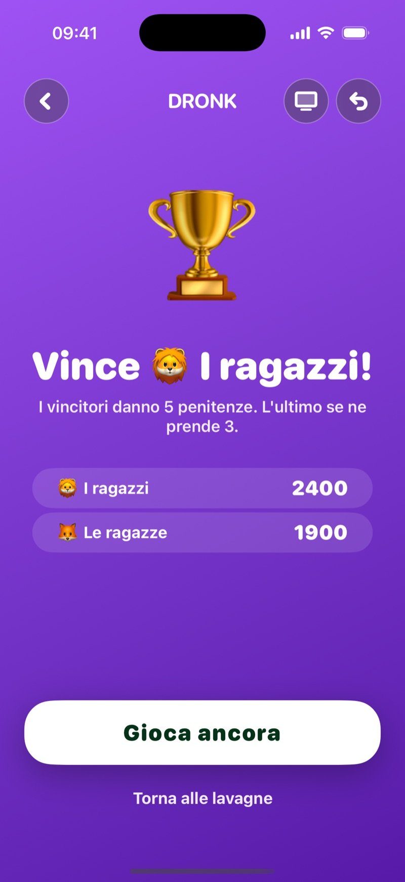 Il punteggio finale della Lavagna: un trofeo, il titolo The Boys wins!, il testo Winners hand out 5 penalties. Last place takes 3., i punteggi The Boys 2,400 e The Girls 1,900, un pulsante Play again e un link Back to the boards (screenshot della versione inglese)