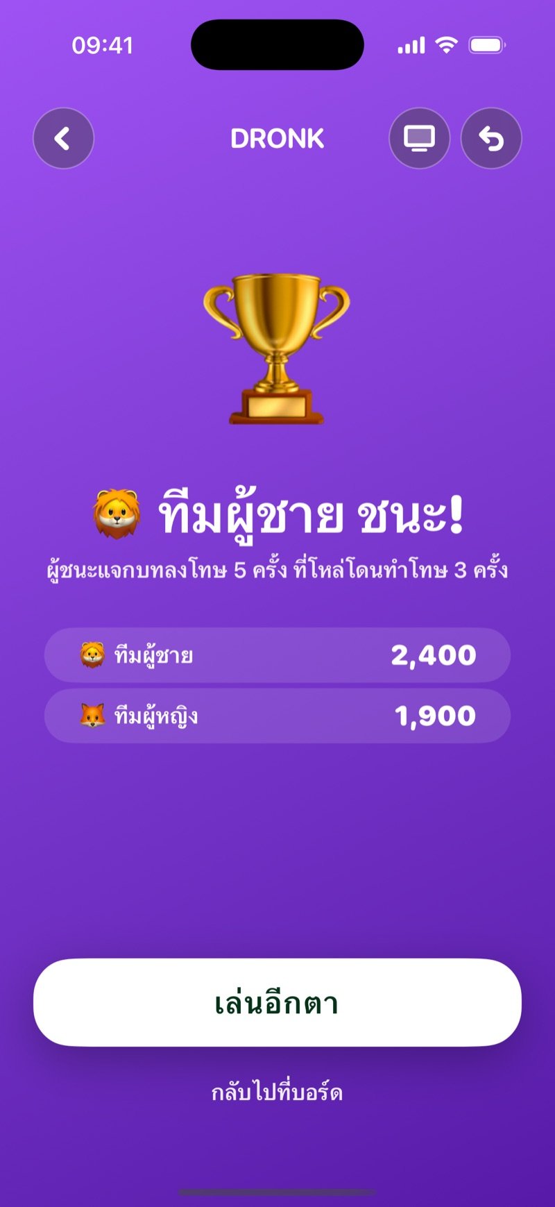 หน้าสรุปคะแนนของบอร์ด: ถ้วยรางวัล ประกาศทีมที่ชนะ ข้อความบอกจำนวนบทลงโทษที่ทีมชนะแจกและที่อันดับสุดท้ายรับ คะแนนของทั้งสองทีม ปุ่มเล่นอีกตา และลิงก์กลับไปหน้าบอร์ด