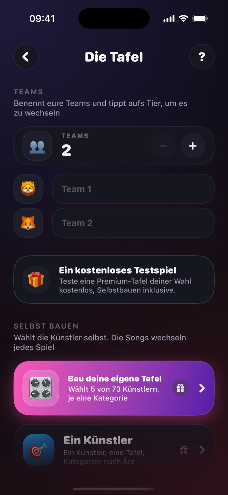 Der Setup-Bildschirm der Tafel: ein Teams-Zähler auf 2 mit Namensfeldern Team 1 und Team 2, und der Bereich Build your own mit Build your own board (pick 5 of 52 artists) und One artist (categories by era)
