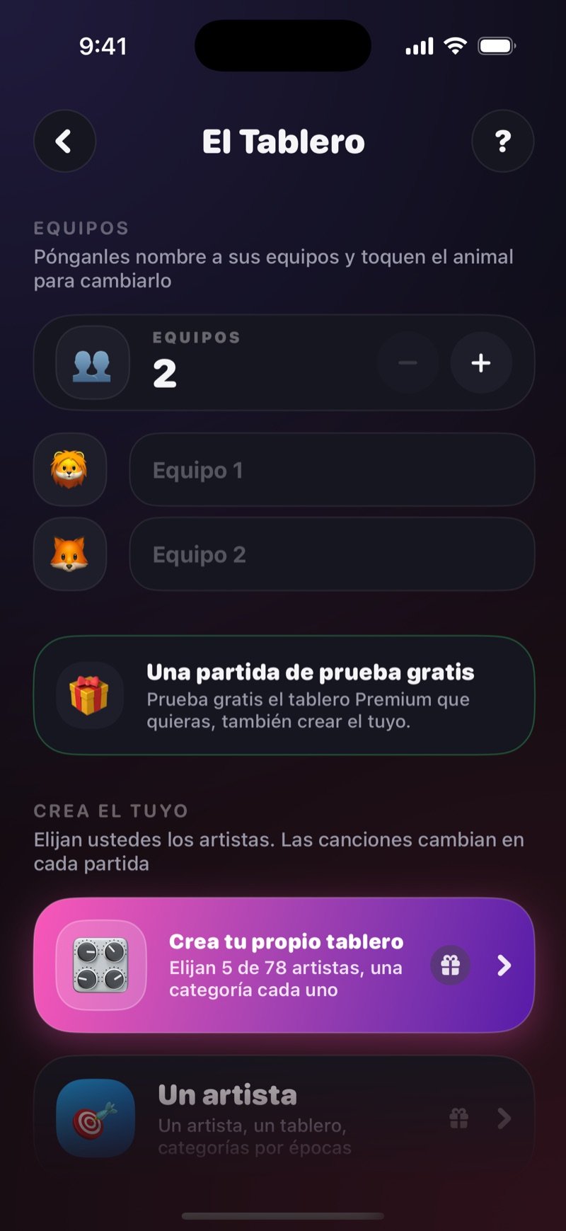 Pantalla de configuración de El Tablero: el contador de equipos con los nombres de cada equipo y la sección Arma el tuyo, con el tablero propio de 5 artistas y el tablero de un solo artista por épocas