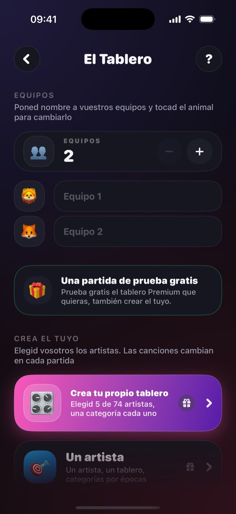 Pantalla de configuración de El Tablero: un contador Teams en 2 con los campos de nombre Team 1 y Team 2, y la sección Build your own con Build your own board (elegir 5 de 52 artistas) y One artist (categorías por época) (captura de la versión en inglés)