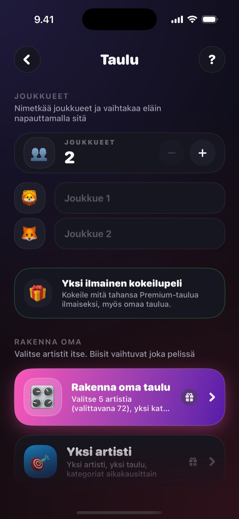 Taulun aloitusnäkymä: joukkueiden määrän laskuri ja nimikentät sekä Rakenna oma -osio, jossa on Rakenna oma taulu (valitse 5 artistia 72:sta) ja Yksi artisti (kategoriat aikakausittain)