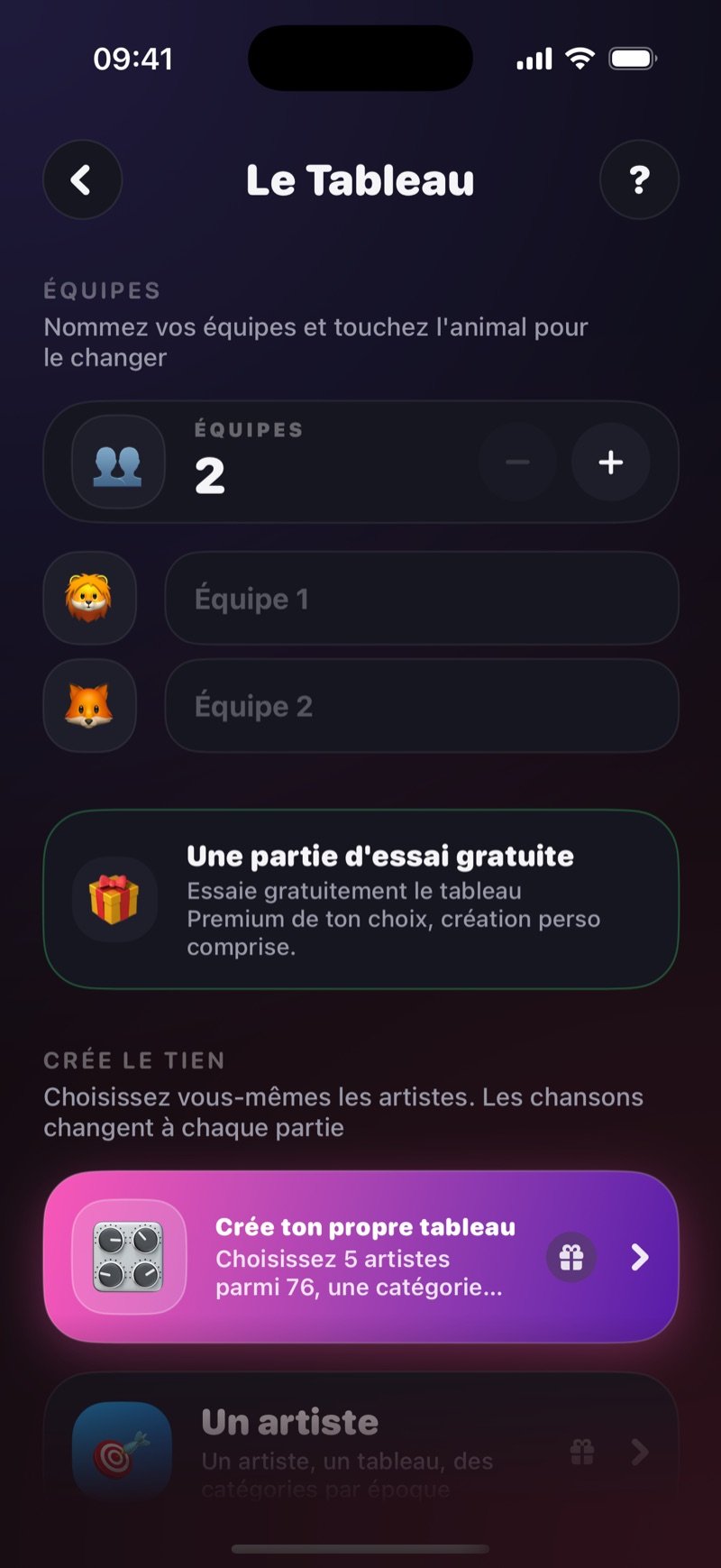 L'écran de mise en place du Tableau : un compteur Teams réglé sur 2 avec les champs Team 1 et Team 2, et la section Build your own avec Build your own board (choisir 5 artistes sur 52) et One artist (catégories par époque) (capture de la version anglaise)