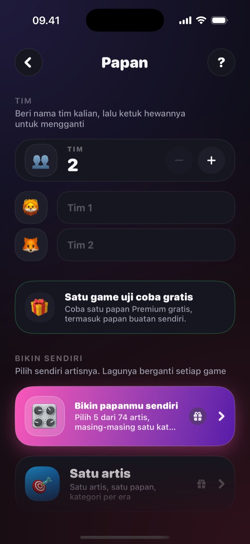 Layar pengaturan Papan: penghitung jumlah tim dengan kolom nama tiap tim, dan bagian Bikin sendiri dengan Bikin papanmu sendiri (pilih 5 artis) dan Satu artis (kategori per era)