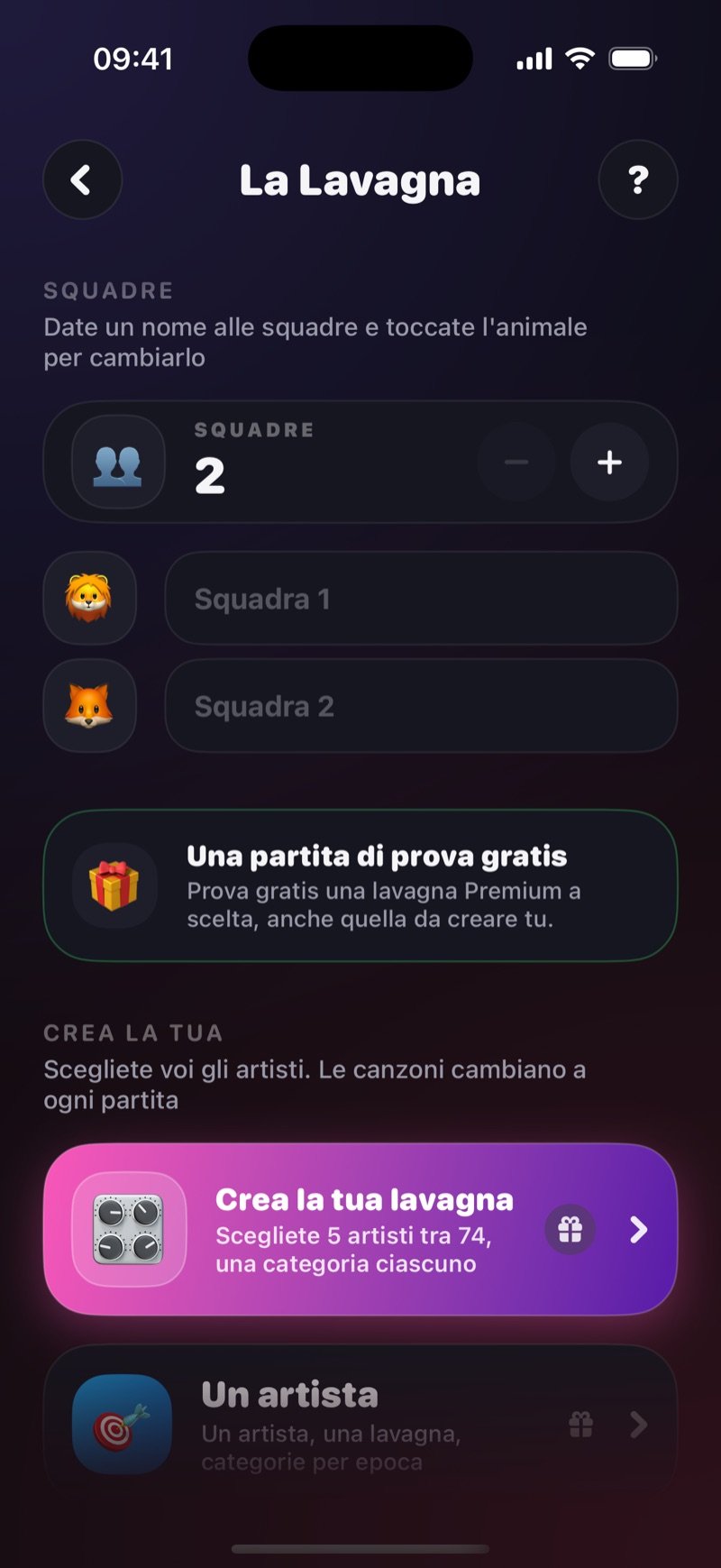La schermata di preparazione della Lavagna: un contatore Teams su 2 con i campi nome Team 1 e Team 2, e la sezione Build your own con Build your own board (pick 5 of 52 artists) e One artist (categories by era) (screenshot della versione inglese)