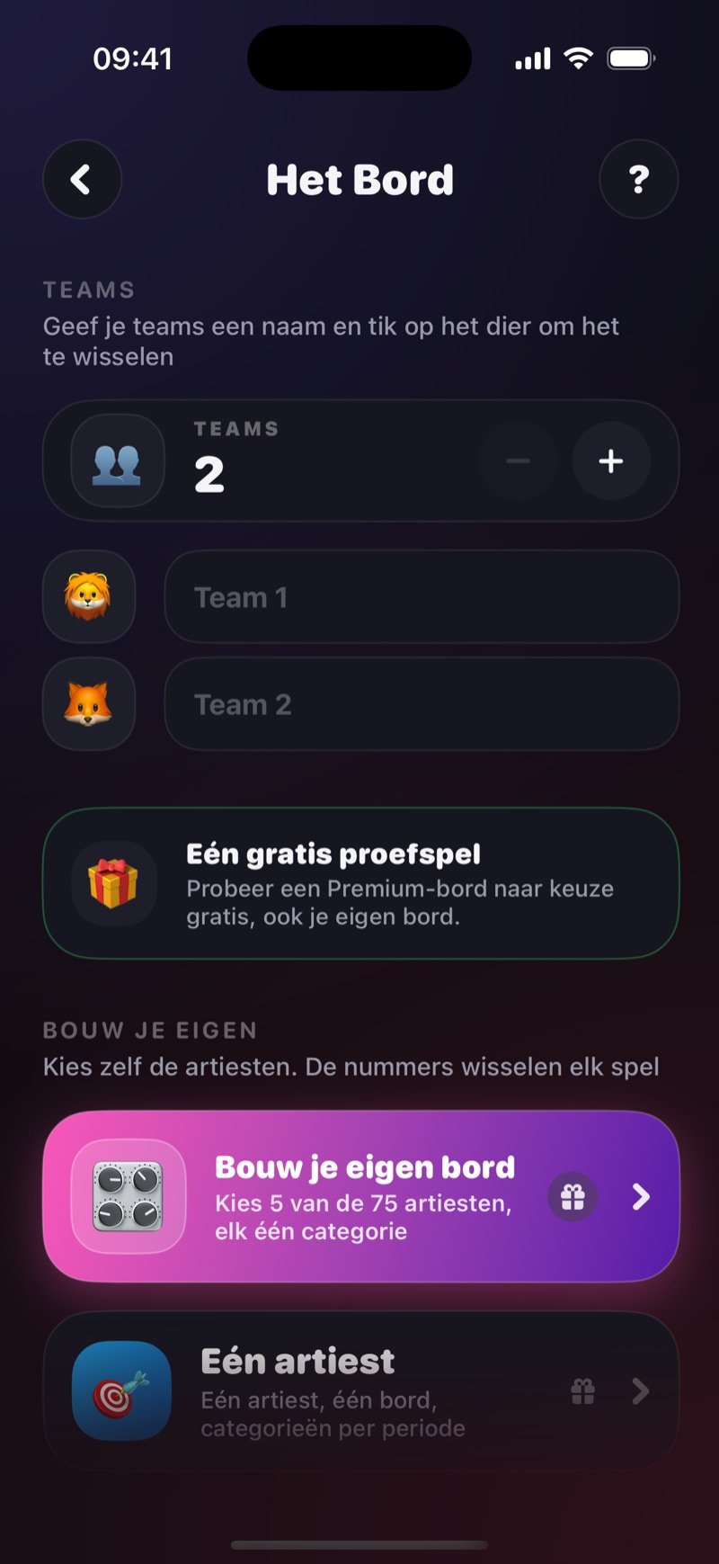 Setup-scherm van Het Bord: een Teams-teller op 2 met naamvelden voor Team 1 en Team 2, en het onderdeel Build your own met Build your own board (kies 5 van 52 artiesten) en One artist (categorieën per tijdperk) (screenshot van de Engelse versie)