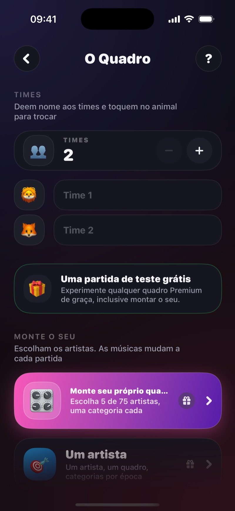 A tela de preparação do Quadro: um contador Teams em 2 com os campos de nome Team 1 e Team 2, e a seção Build your own com Build your own board (pick 5 of 52 artists) e One artist (categories by era) (captura da versão em inglês)