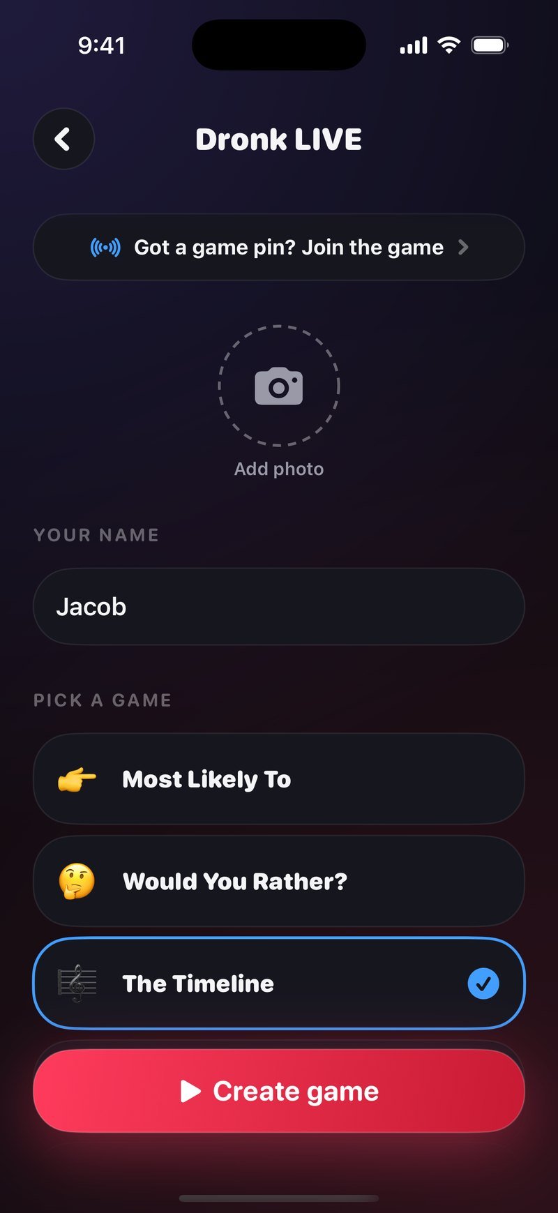 Ekran tworzenia gry w Dronk LIVE: wiersz Got a game pin? Join the game, kółko Add photo, imię Jacob i lista Pick a game z zaznaczonym The Timeline nad przyciskiem Create game