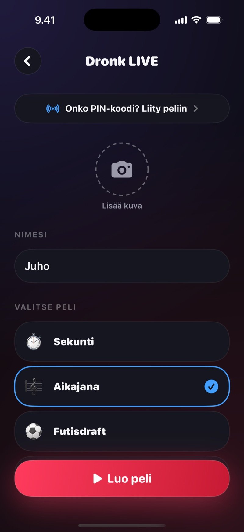 Dronk LIVE -pelin luonti: Onko PIN-koodi? Liity peliin -rivi, Lisää kuva -ympyrä, pelaajan nimi ja Valitse peli -lista, jossa Aikajana on valittuna Luo peli -painikkeen yläpuolella