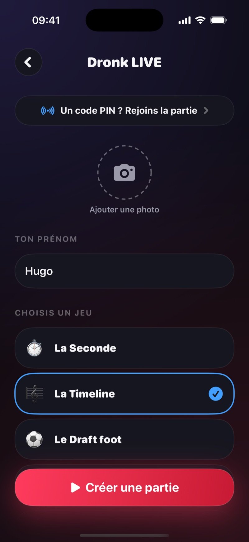 L'écran de création Dronk LIVE : une ligne Got a game pin? Join the game, un cercle Add photo, le prénom Jacob et une liste Pick a game avec la Timeline cochée au-dessus d'un bouton Create game (capture de la version anglaise)