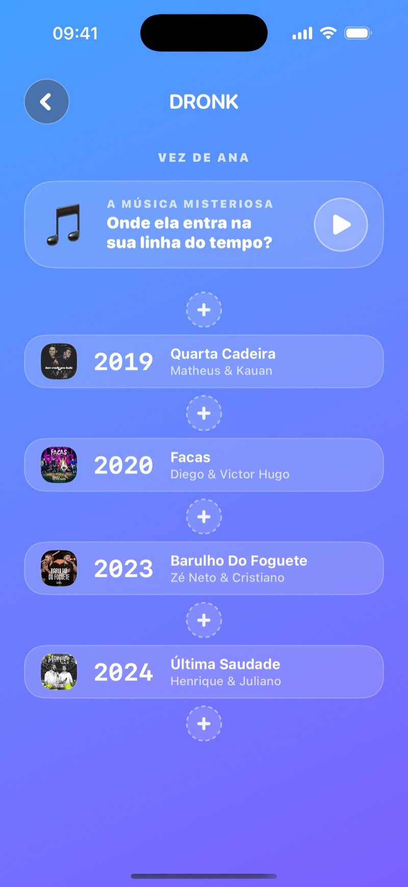 A Linha do Tempo no app Dronk: vez da Olivia, uma carta de música misteriosa com botão de play acima da linha do tempo dela com quatro cartas, de Billie Jean (1982) a bad guy (2019), com espaços + para posicionar a música (captura da versão em inglês)