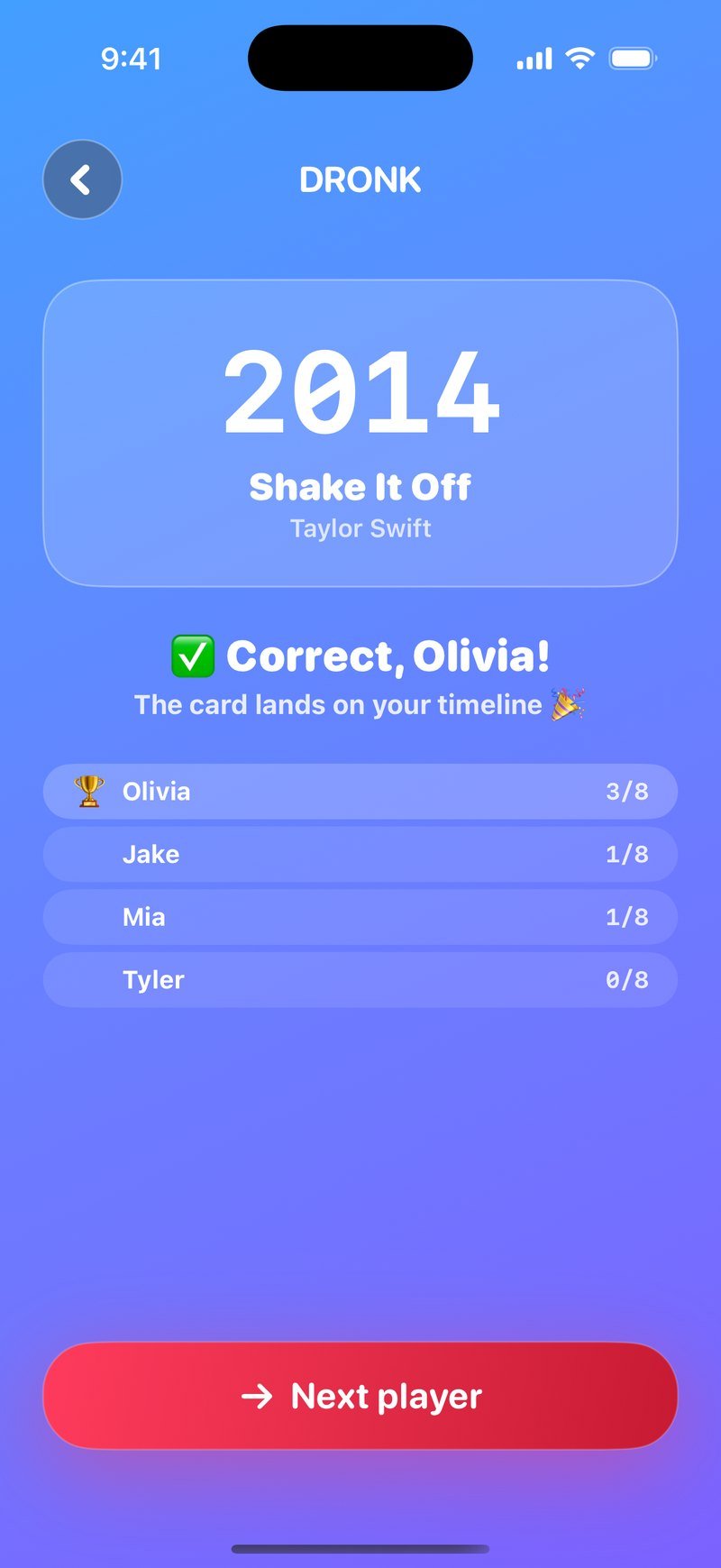 Odsłonięcie w The Timeline: duże 2014 nad Shake It Off Taylor Swift, tekst Correct, Olivia! The card lands on your timeline, tabela Olivia 3/8, Jake 1/8, Mia 1/8, Tyler 0/8 i przycisk Next player