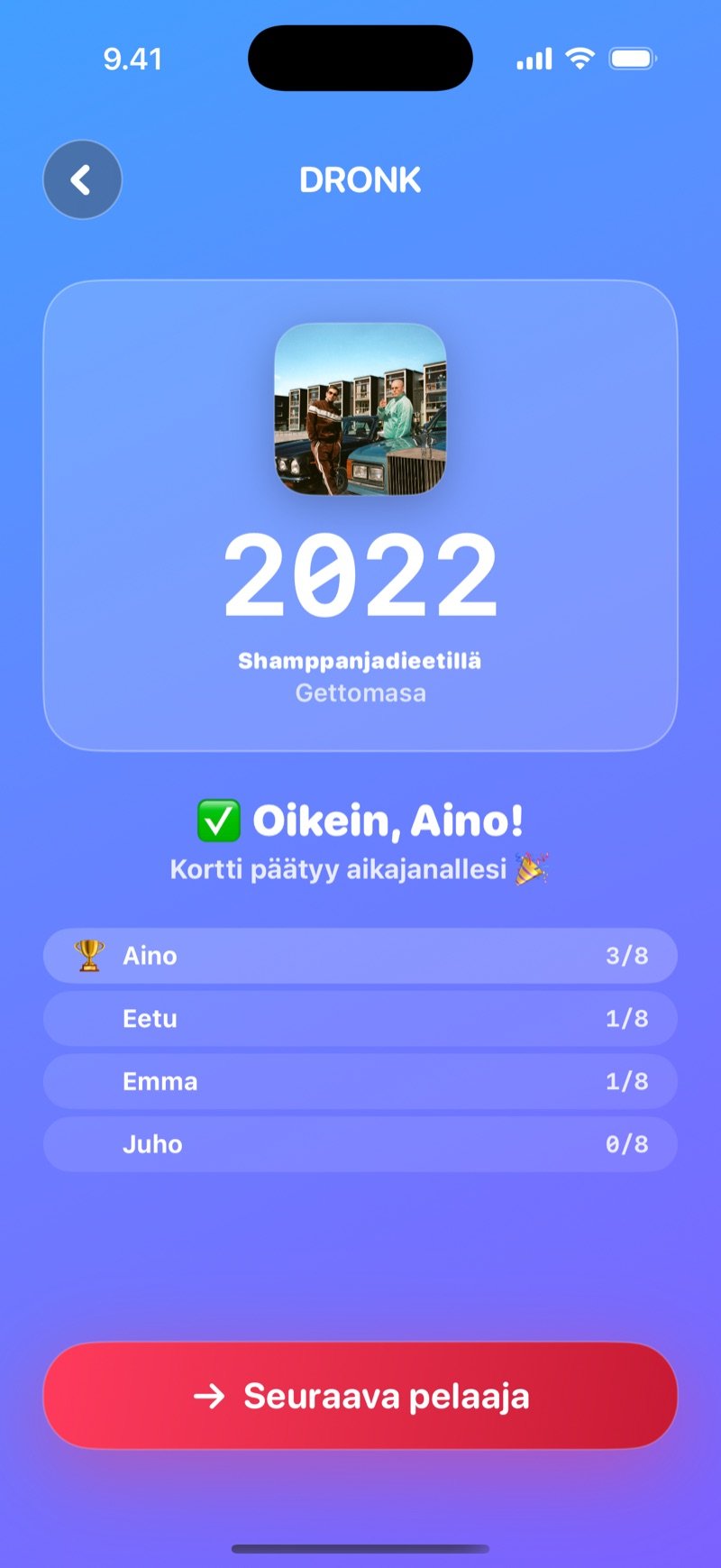 Aikajanan paljastus: biisin julkaisuvuosi isolla, kappaleen nimi ja artisti, tieto osuiko sijoitus oikeaan, pistetilanne ja Seuraava pelaaja -painike