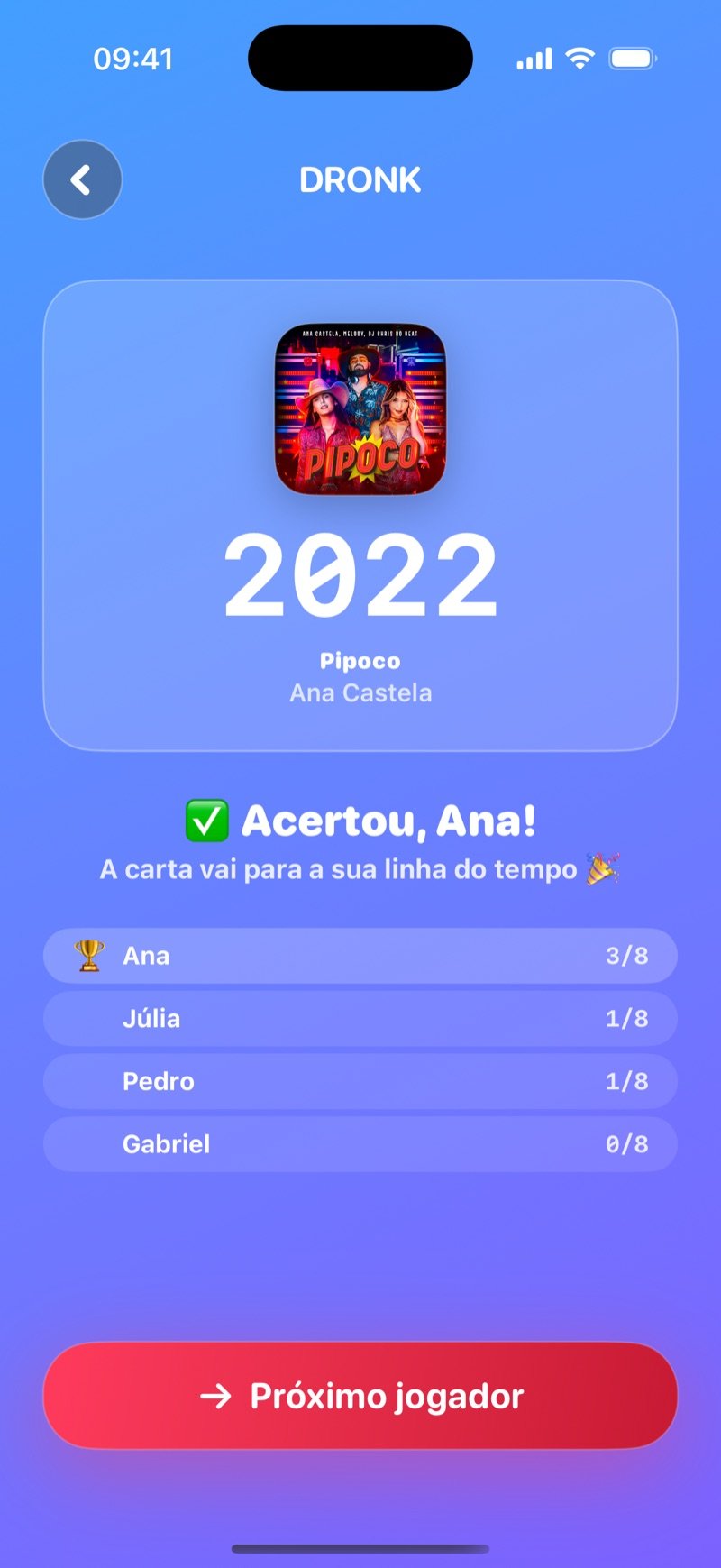 A revelação da Linha do Tempo: um 2014 em destaque acima de Shake It Off de Taylor Swift, o texto Correct, Olivia! The card lands on your timeline, o placar Olivia 3/8, Jake 1/8, Mia 1/8, Tyler 0/8 e o botão Next player (captura da versão em inglês)
