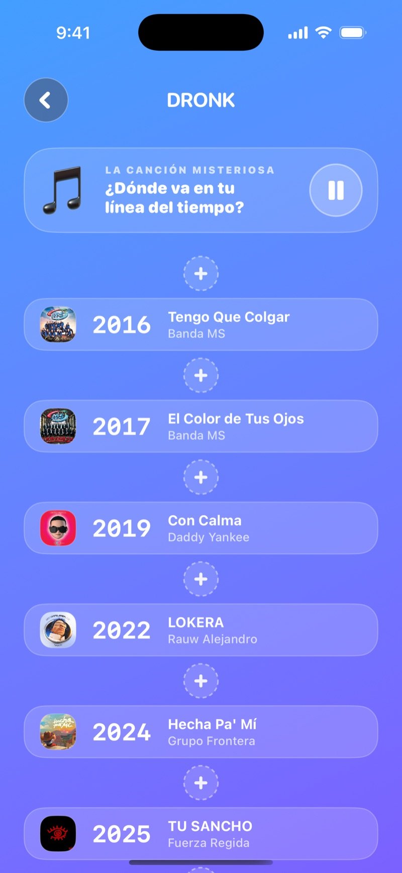 La Línea del tiempo en LIVE: la carta de la canción misteriosa sobre la línea del tiempo del jugador, con un espacio + entre cada carta, en su propio celular