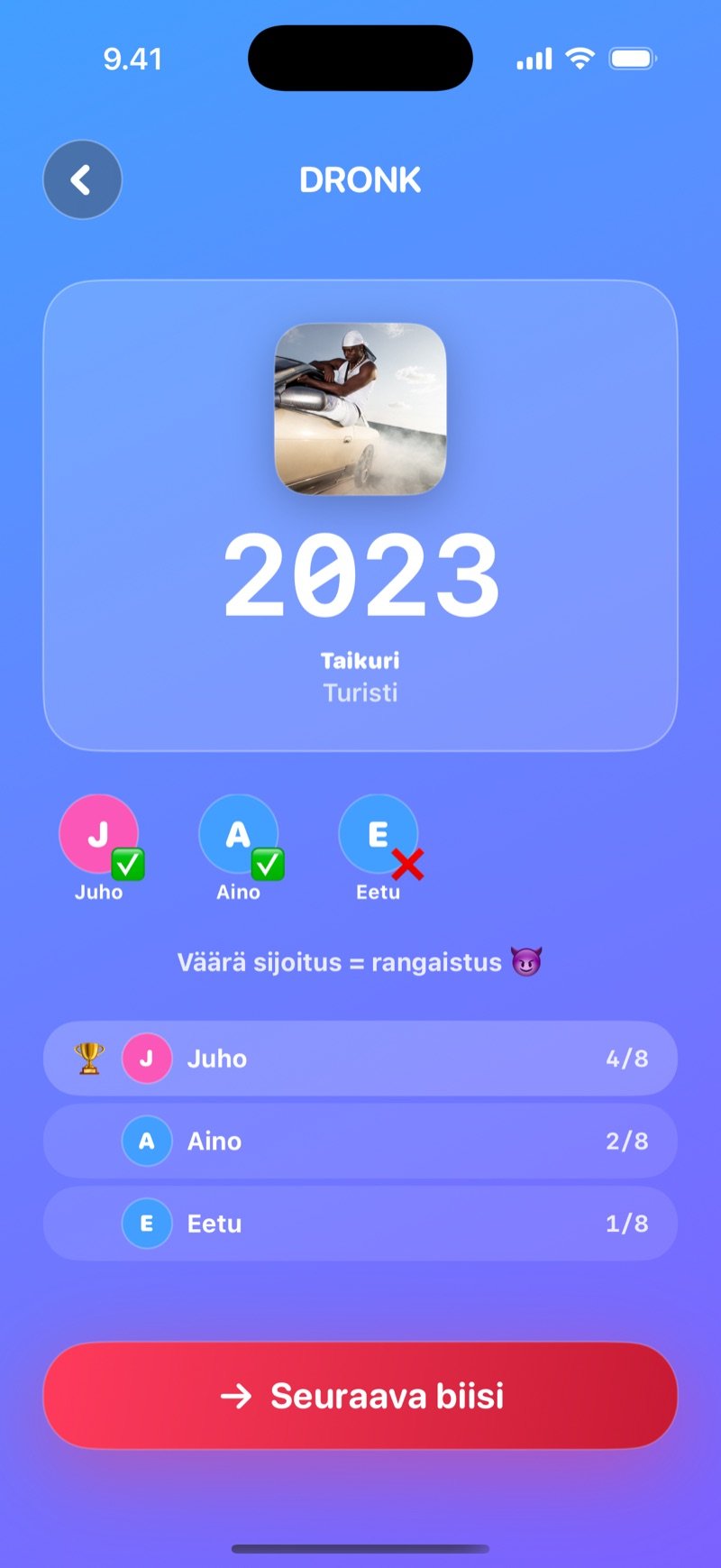 Aikajanan LIVE-paljastus: vuosi ja biisi, pelaajien profiilikuvat, kuka sijoitti oikein, rangaistus väärästä sijoituksesta, pistetilanne ja Seuraava biisi -painike