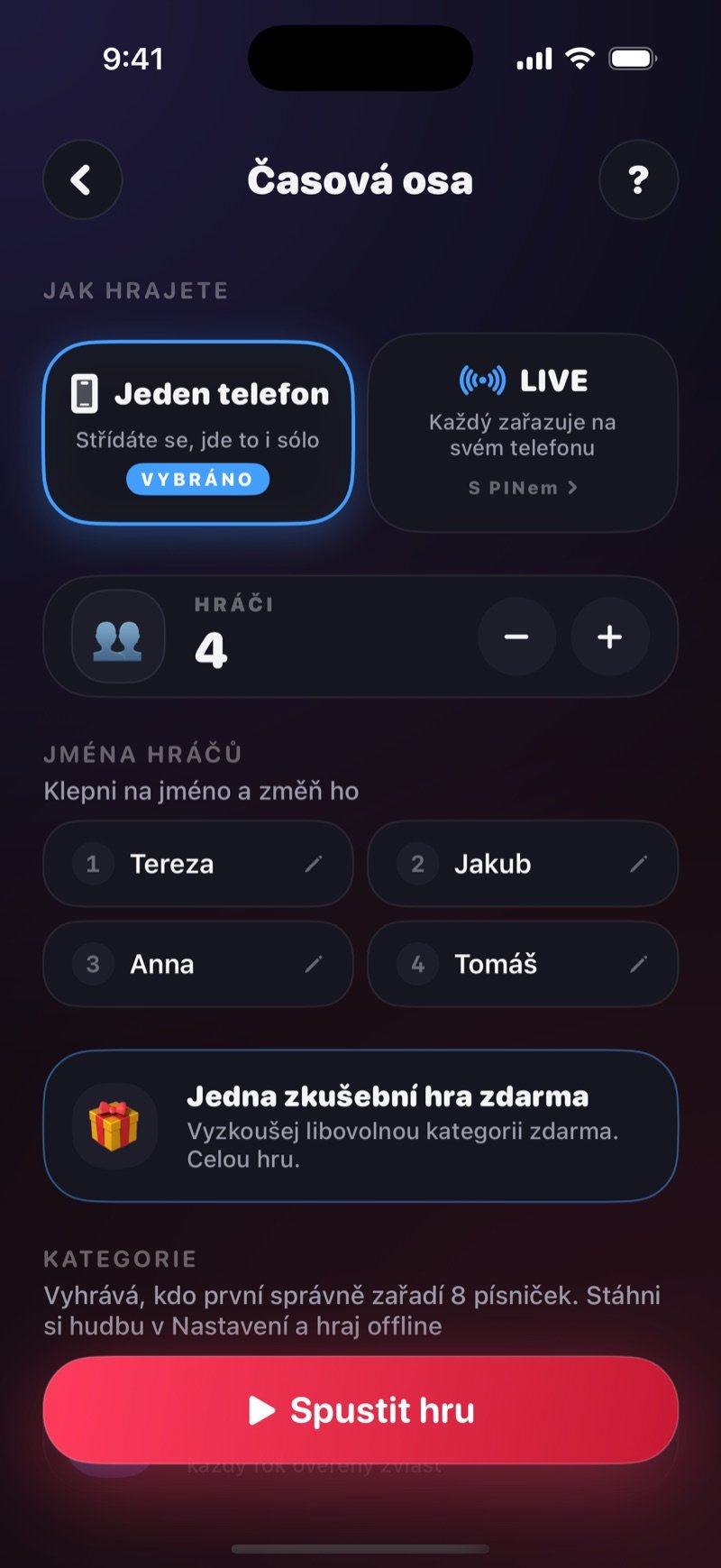 Nastavení Časové osy: volba Jeden telefon nebo LIVE, počítadlo hráčů, jména hráčů a tlačítko Spustit hru