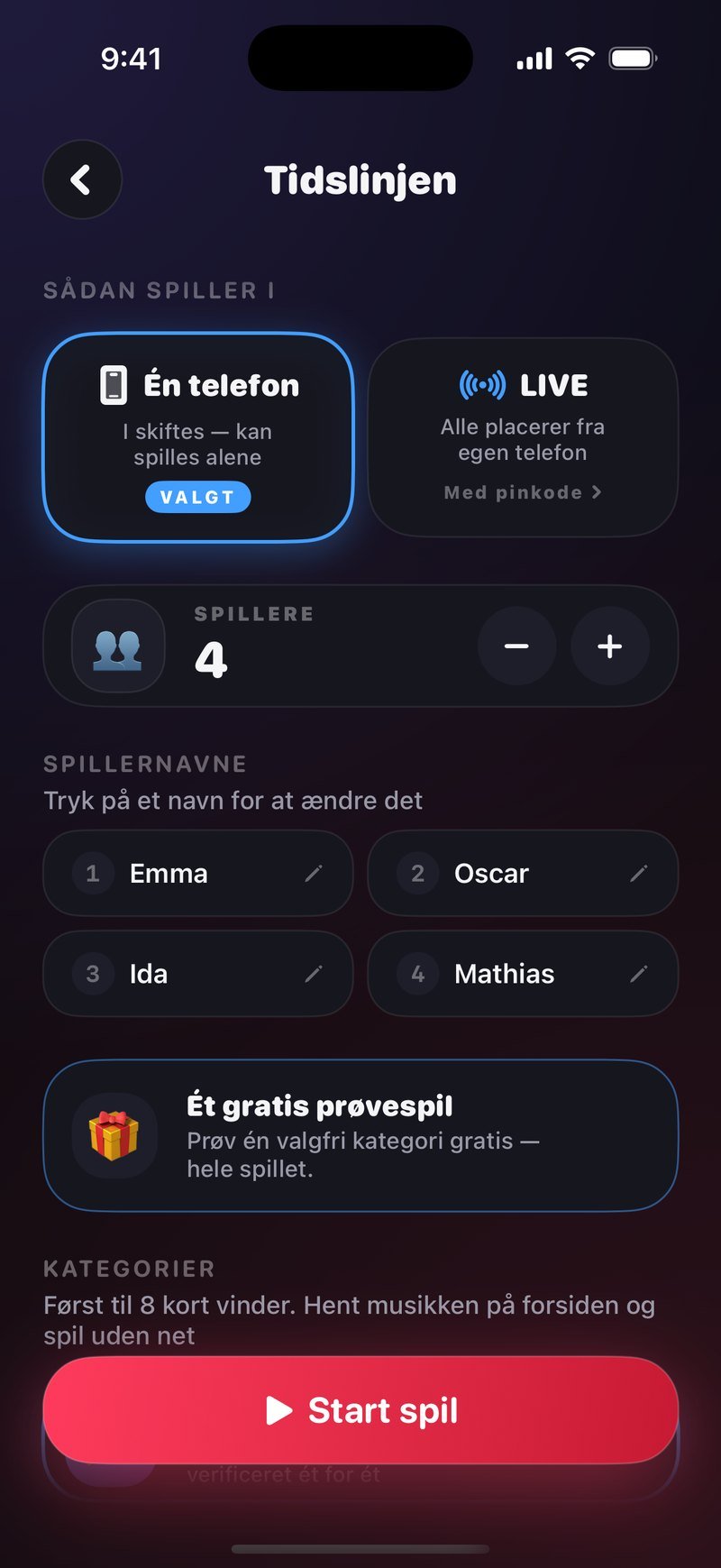 Opsætningen i Tidslinjen: Én telefon er valgt ved siden af LIVE, spillertallet står på 4 med minus- og plus-knapper, navnene Emma, Oscar, Ida og Mathias står i listen, og nederst er den røde knap Start spil