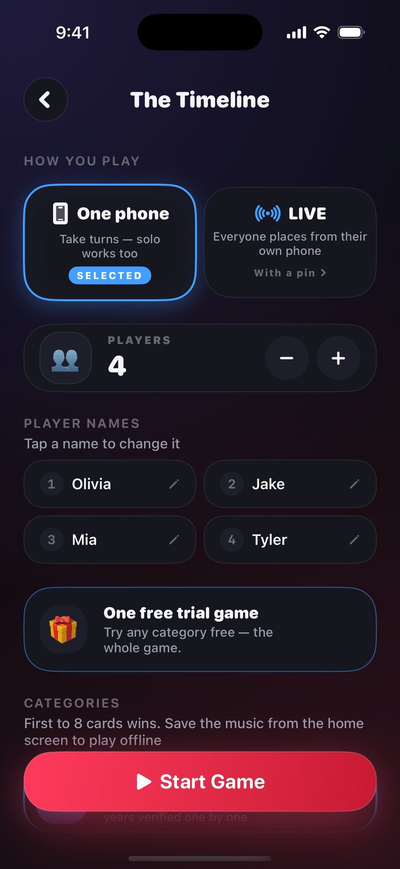 Ekran ustawień The Timeline: wybrane One phone obok LIVE, licznik graczy na 4, imiona Olivia, Jake, Mia i Tyler oraz przycisk Start Game