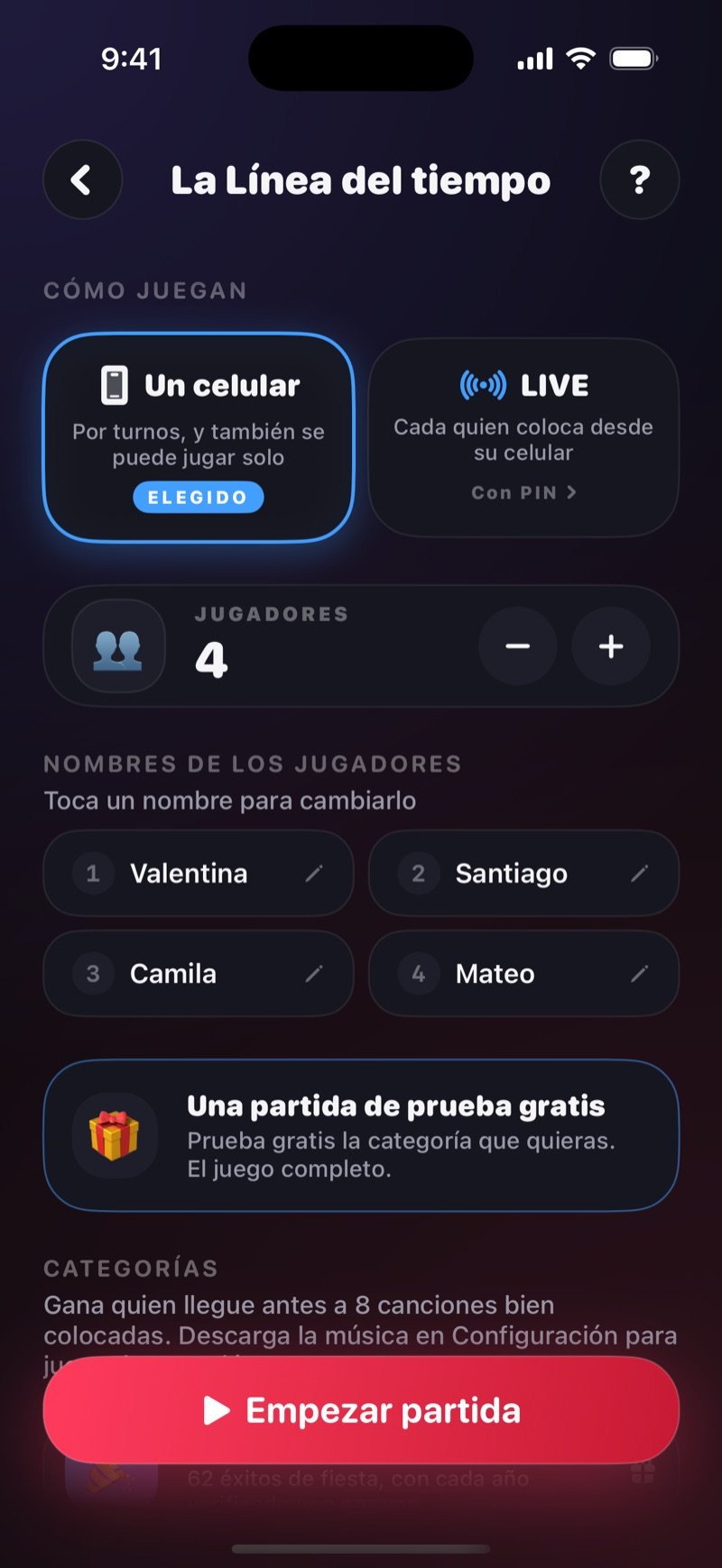 Pantalla de configuración de La Línea del tiempo: elegir entre Un celular o LIVE, el contador de jugadores con sus nombres y el botón para empezar el juego