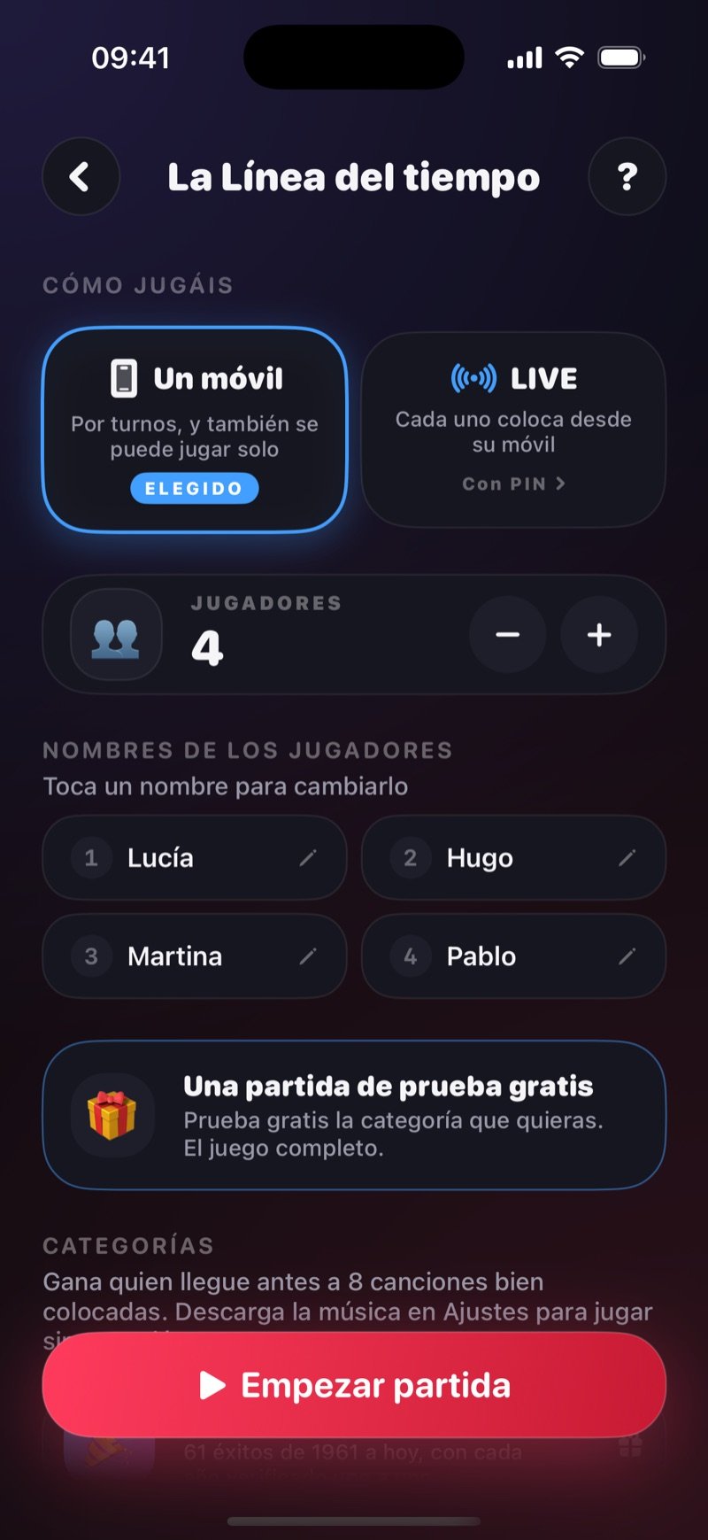 La pantalla de configuración de La Línea del tiempo: One phone seleccionado junto a LIVE, un contador de jugadores en 4, los nombres Olivia, Jake, Mia y Tyler y el botón Start Game (captura de la versión en inglés)