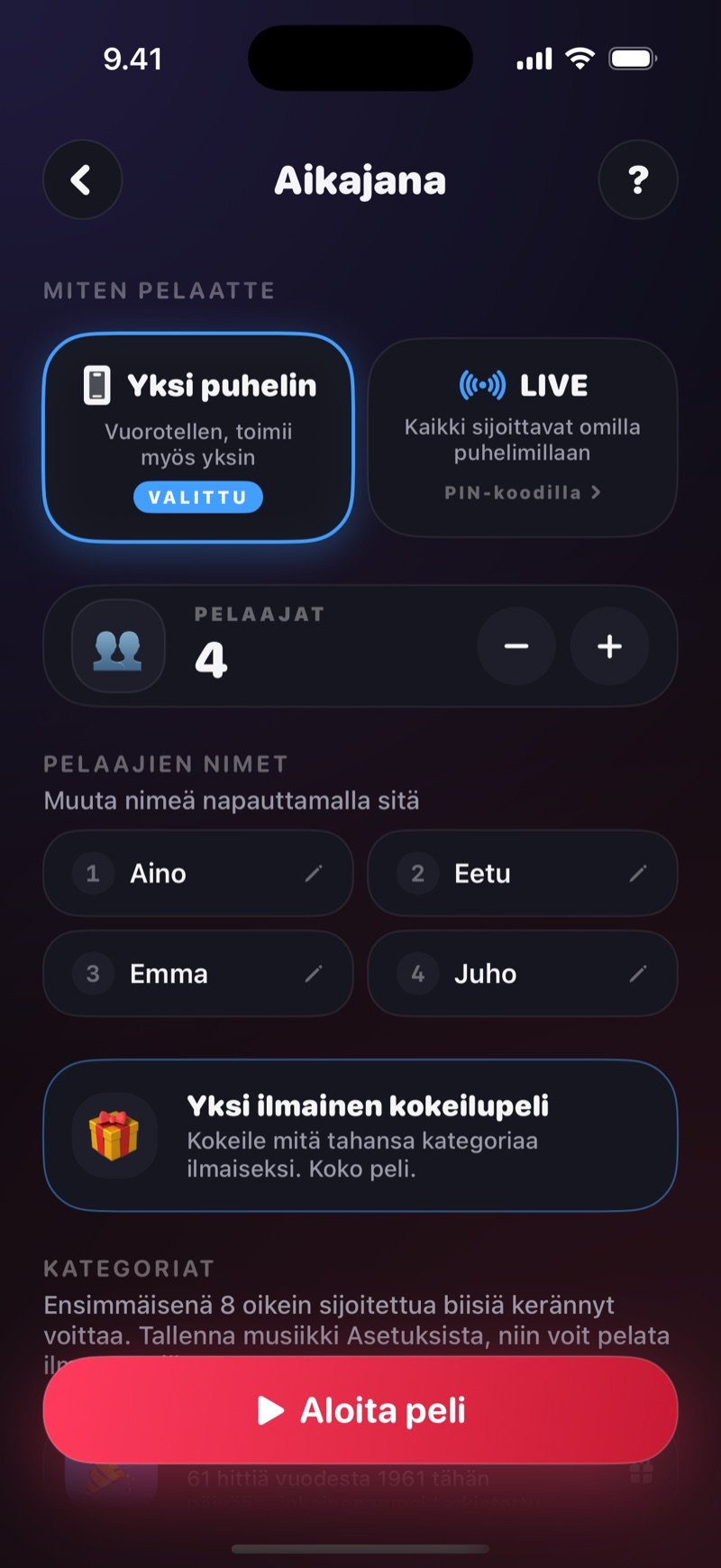 Aikajanan aloitusnäkymä: valinta Yhden puhelimen ja LIVE-tilan välillä, pelaajamäärän laskuri, pelaajien nimet ja Aloita peli -painike