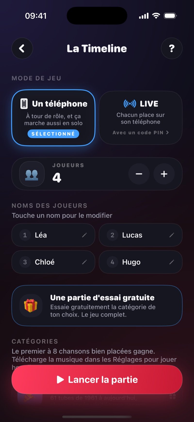 Écran de mise en place de la Timeline : One phone sélectionné à côté de LIVE, un compteur de joueurs réglé sur 4, les prénoms Olivia, Jake, Mia et Tyler et le bouton Start Game (capture de la version anglaise)