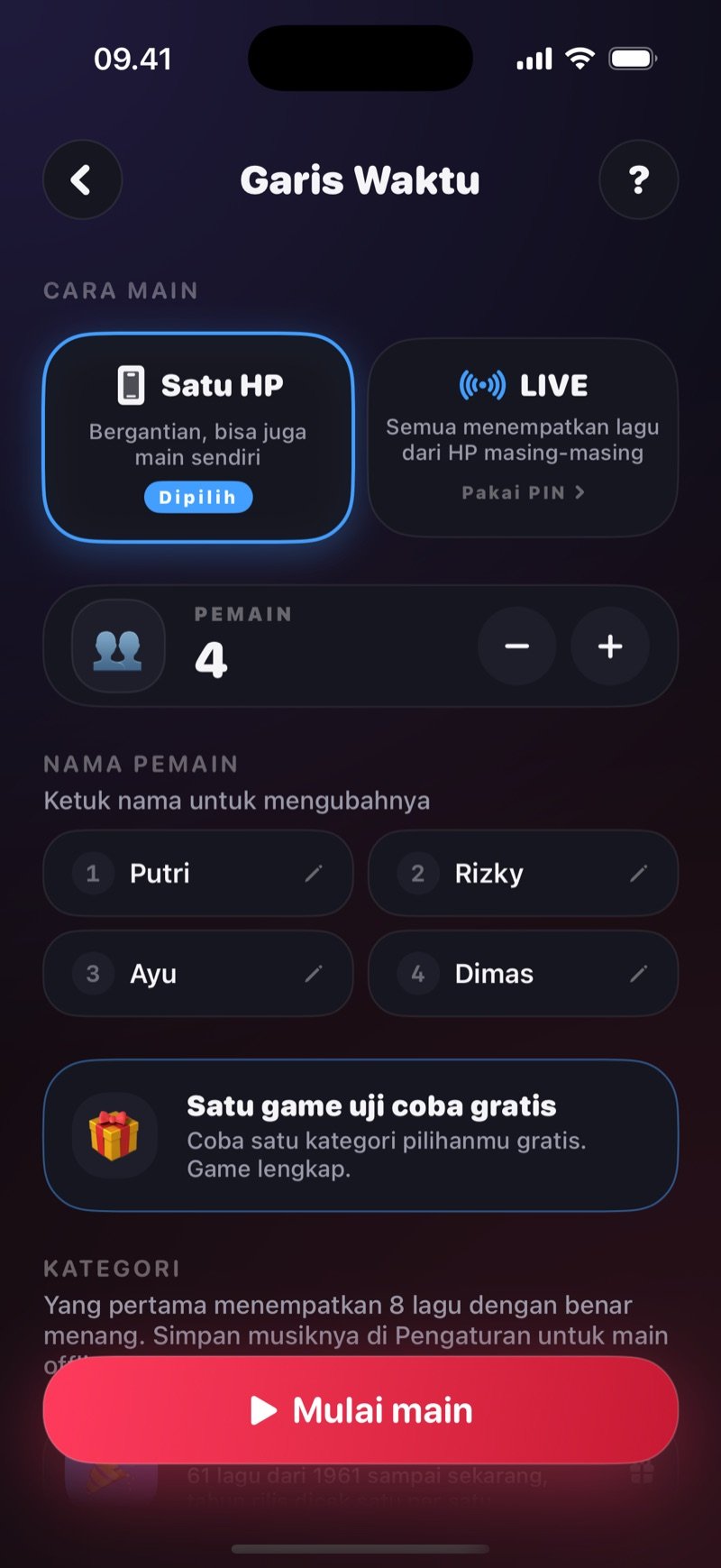 Layar pengaturan Garis Waktu: pilihan Satu HP di sebelah LIVE, penghitung jumlah pemain, nama-nama pemain dan tombol Mulai main